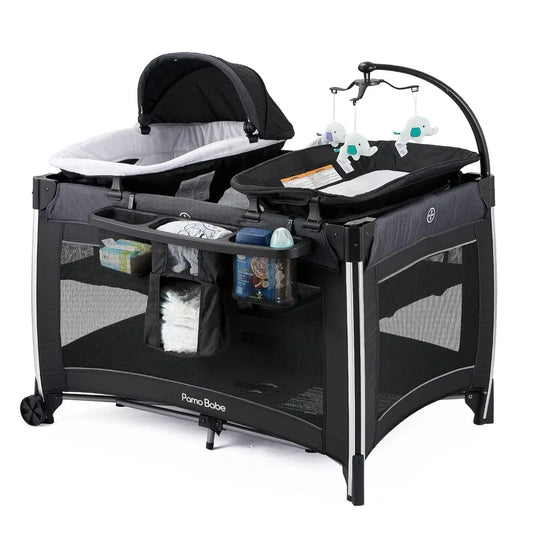 4 in 1 Portable Baby Crib Deluxe Nursery Center, Foldable Travel Playard with Bassinet, Mattress, Changing Table for Newborn