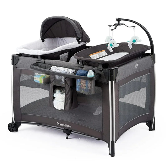 4 in 1 Portable Baby Crib Deluxe Nursery Center, Foldable Travel Playard with Bassinet, Mattress, Changing Table for Newborn,