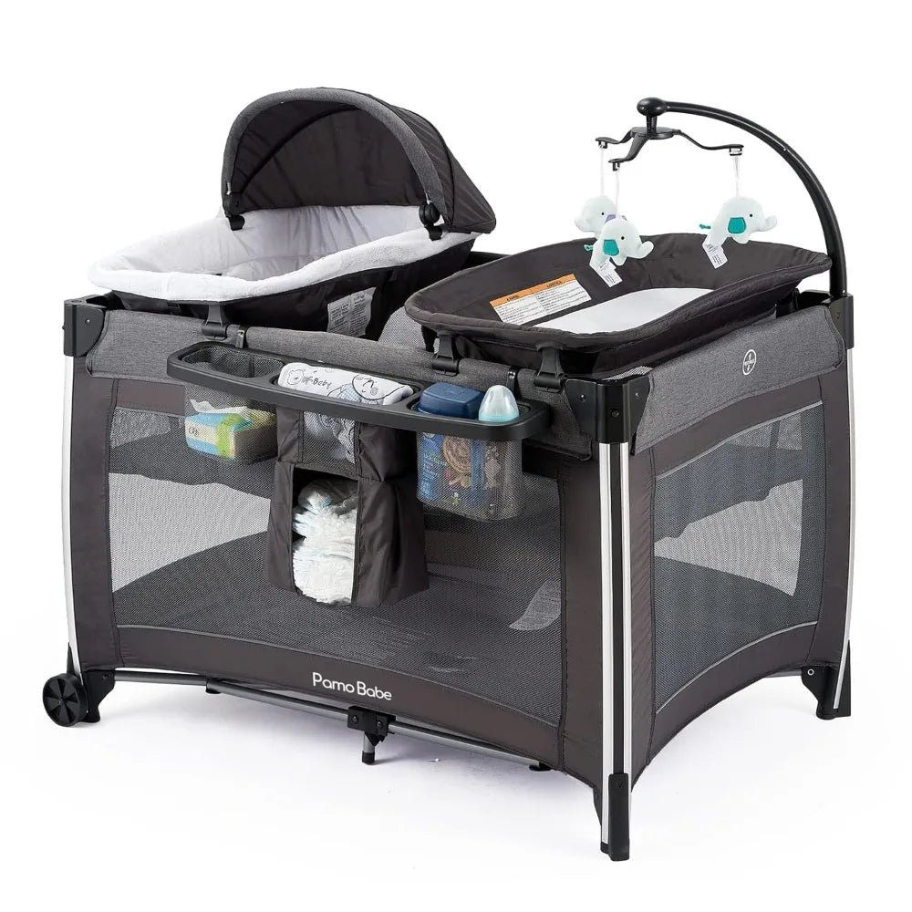4 in 1 Portable Baby Crib Deluxe Nursery Center, Foldable Travel Playard with Bassinet, Mattress, Changing Table for Newborn,