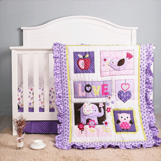 3Pcs Purple Skin-friendly Cotton Crib Fitted Sheet Baby Bedding Set Toddler Bedding Set (Baby Comforter Fitted Sheet Crib Skirt)